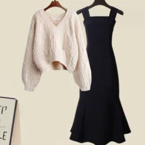 Stacey - Zweiteiliges Set aus hochwertigem Kreuzstrickpullover und Fischschwanzkleid